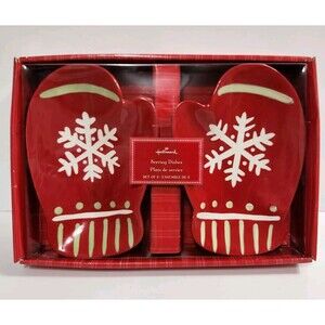 Hallmark set of 2 Red Mittens Candy Dish Serving Bowl Christmas Holiday Ceramic